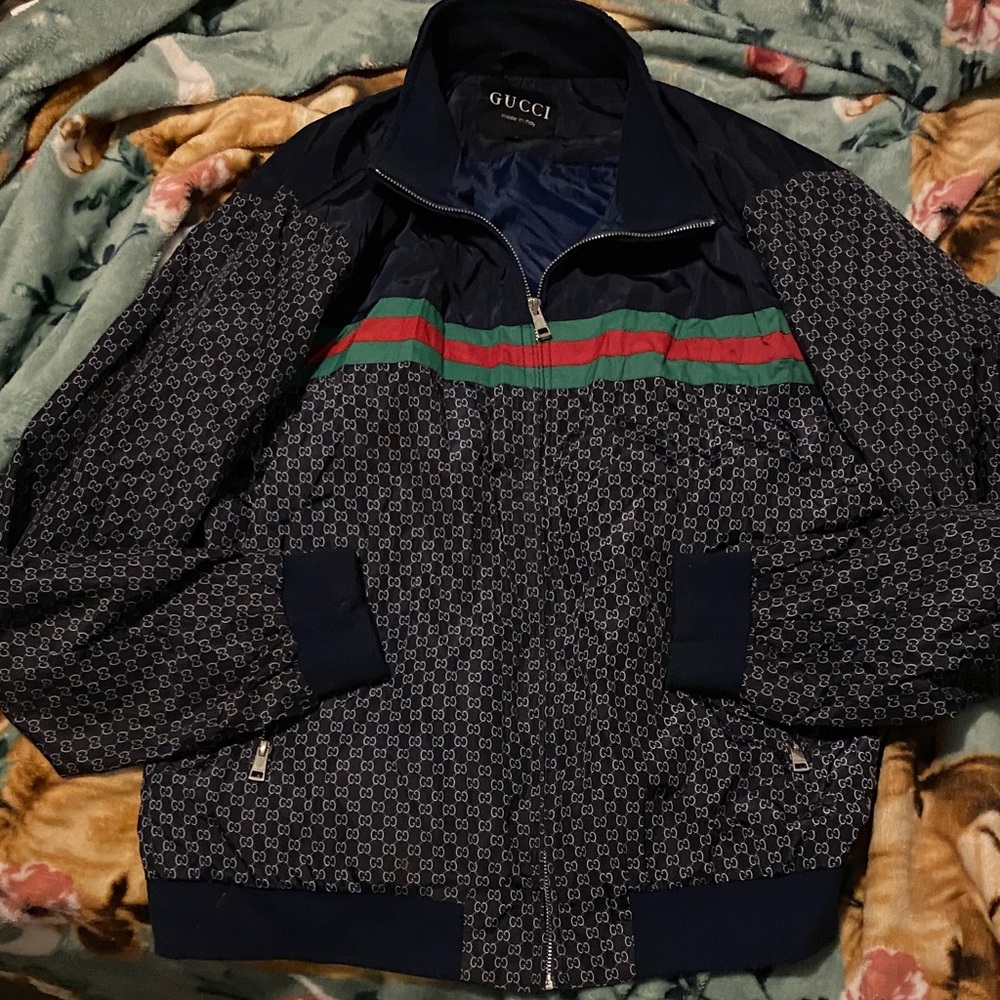 Gucci Men's Blue and Green Geometric Bomber Jacket
